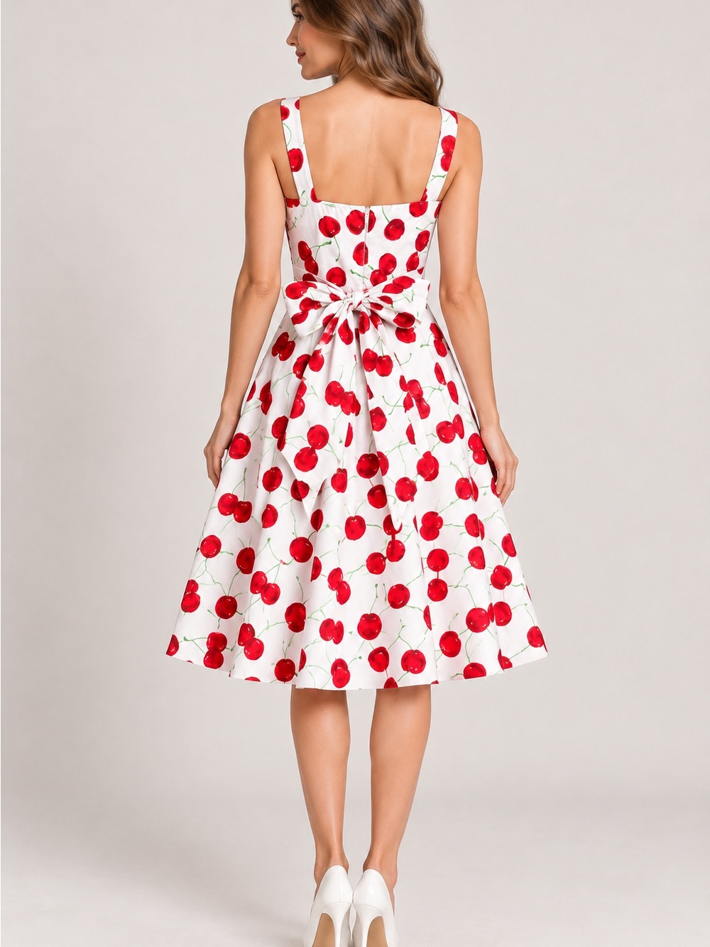 Xhilaration White Midi Dress with Red Cherry Print and Bow Back